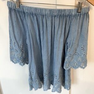 Off the shoulder blue top with vintage wash / eyelet detail